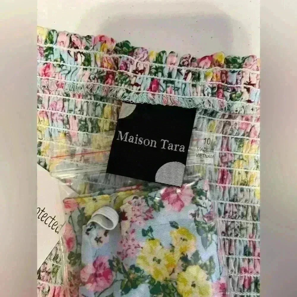 NWT Maison Tara Puff Sleeve Midi Dress Blue Floral Cottage Core Size 10 - Picture 9 of 10
